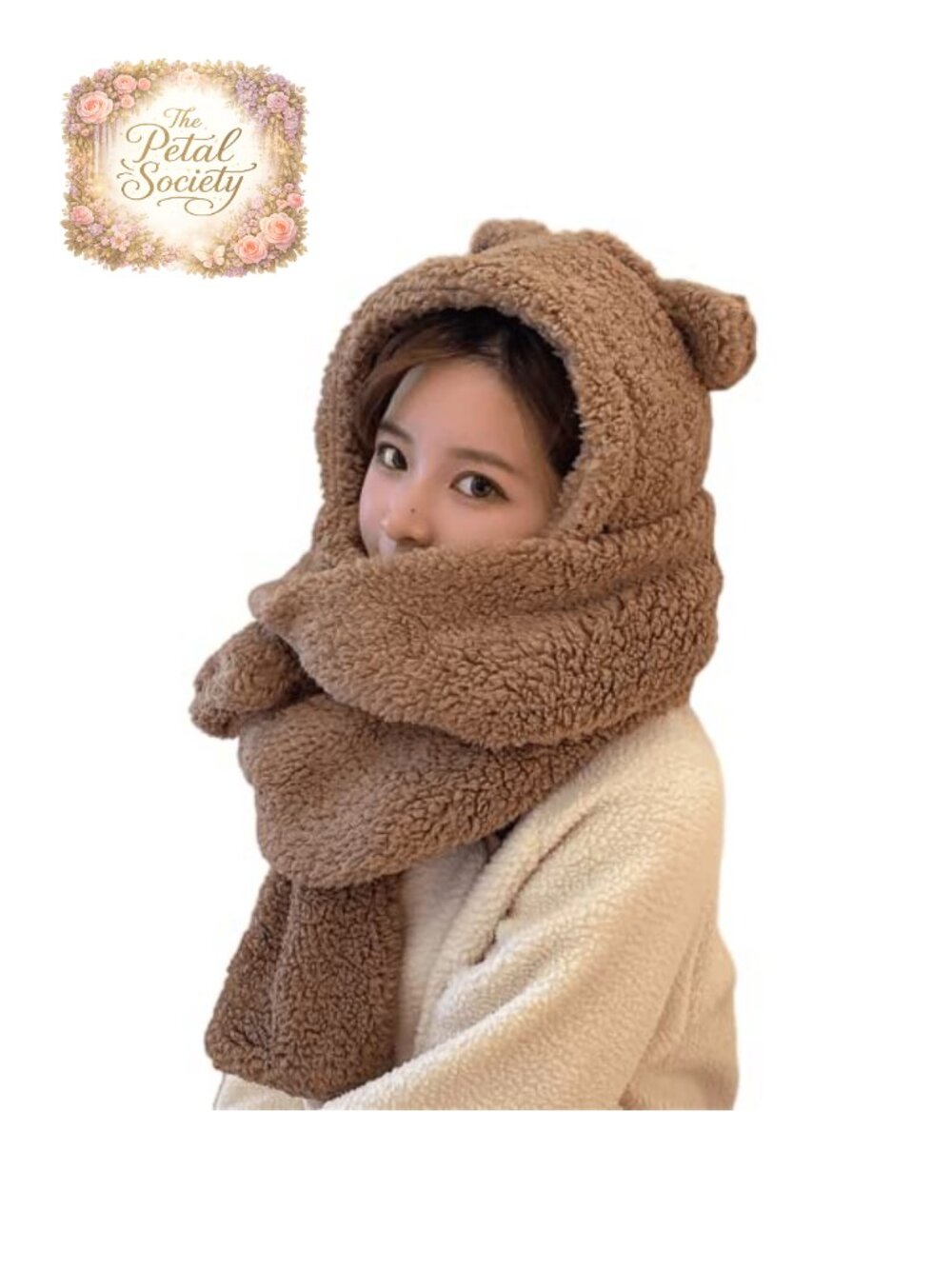 Kawaii Bear Ear Beanie Hat Scarf 2 in 1 Sherpa Fleece Fuzzy Knit Winter Warm